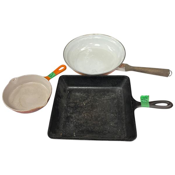 Square Cast Iron #8 SQ SK Cast Iron Pan and 2 Orange Enameled Pans