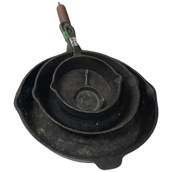 4 Cast Iron Pans: 2, 5", BSR #5 and 10" with Wood Handle