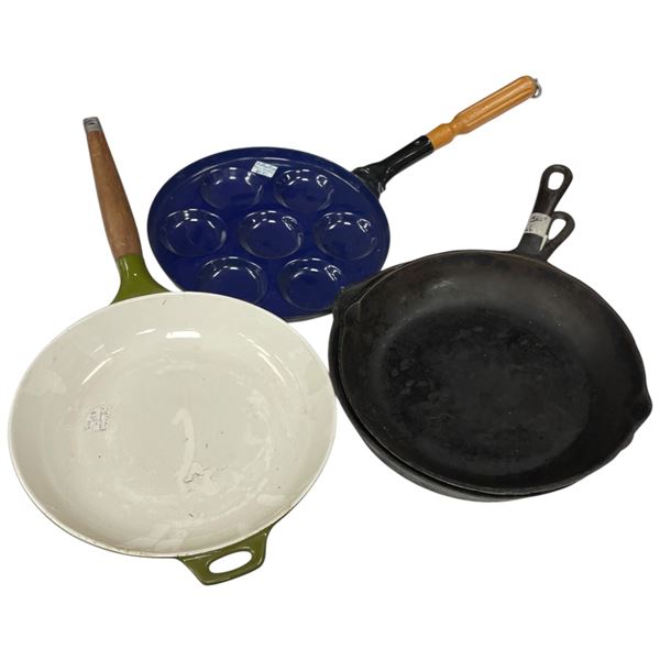 2 Cast Iron Pans 9.5" One Marked Smart Also 2 Enameled Pans