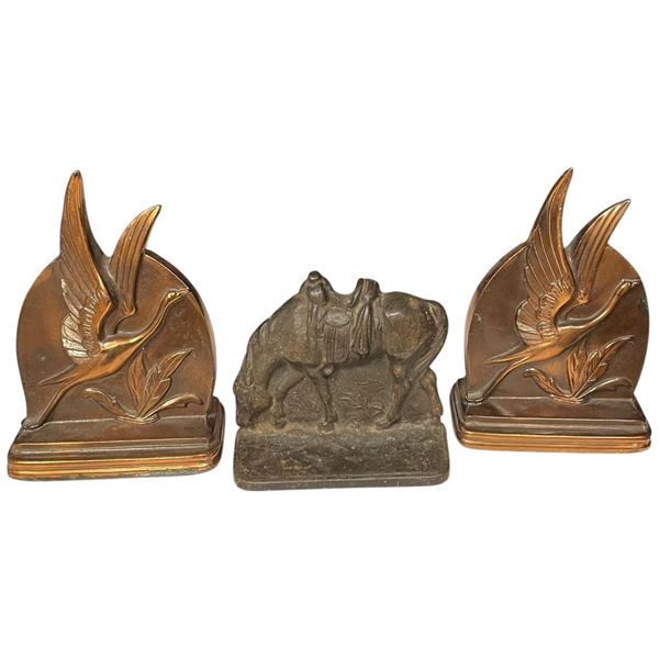 Pair of Cast Metal Book Ends and One Bronze Horse Themed Book End