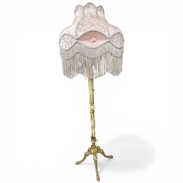 Hollywood Regency Floor Lamp with Pink Frill Shade Brass Accents and Quartz Stand 72" Tall