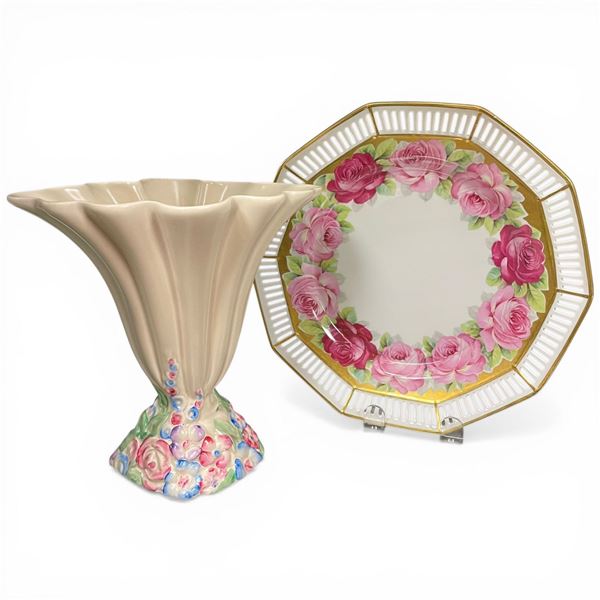 Schumann Cake Plate and Clarie Cliff "Garden Vase"