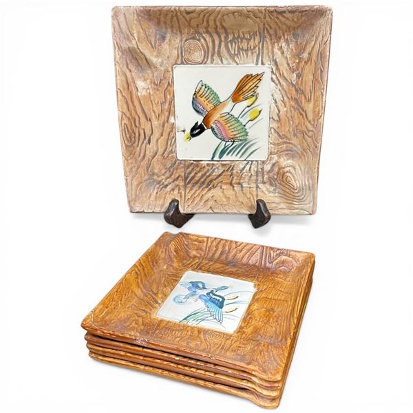 Set of 4 Elbro Porcelain Ashtrays Made in England Pheasant Wood Theme Largest 7x7-Inch