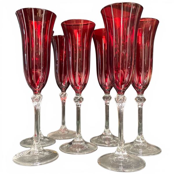 Italian Style Vintage Ruby Red Champagne Flutes 9" Tall Set of 7 Glasses