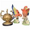 Image 1 : Pair of FF Japan Porcelain Parrots and a Brass/bronze Centerpiece Featuring a Pair of Phoenix
