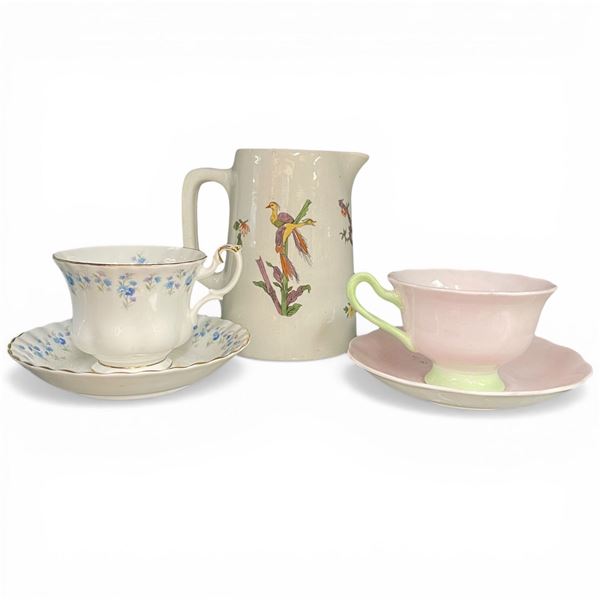 2 Teacups and Saucers (Royal Albert & Pastella) with a Canadian Pacific BC Steamships Duraline Jug