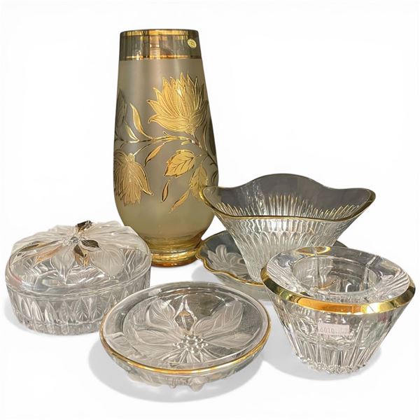 Collection of 6 Gilded Gold Trimmed Glass Ware: Vases, Dishes, Catchall's and More