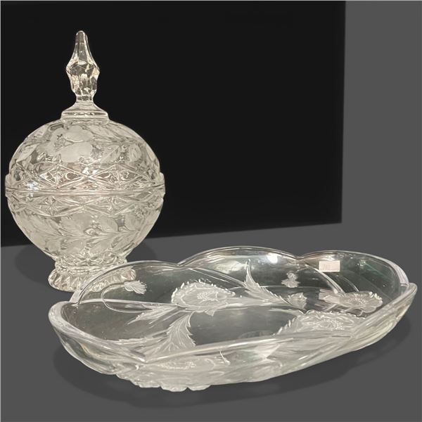 Vintage Etched Candy Dish 10" Tall and Serving Plate