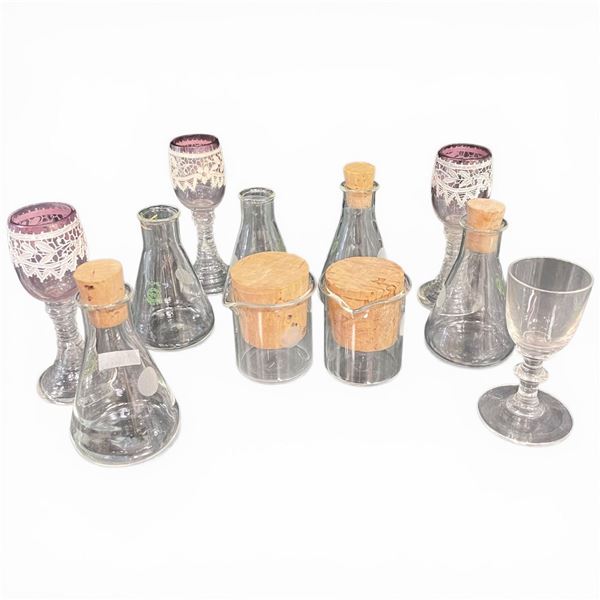 Collection of Vintage Cordial Glasses and Mini Pyrex Beakers and Flasks