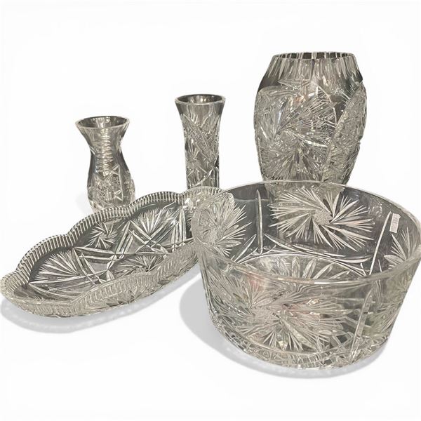 Collection of 5 Pinwheel Crystal Pieces Tallest Vase is 10" Tall