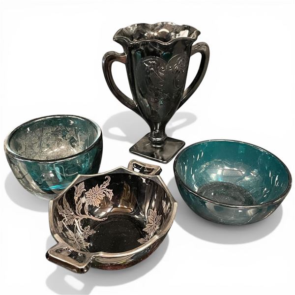 Black Amethyst Glass Bowl, L. E. Smithh "Dancing Nymphs" Vase and 2 MCM Glass Bowls