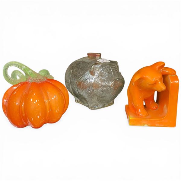 Vintage Anchor Hocking Piggy Bank, Handblown Glass Pumpkin 6" Long and Cute Bear Bookend