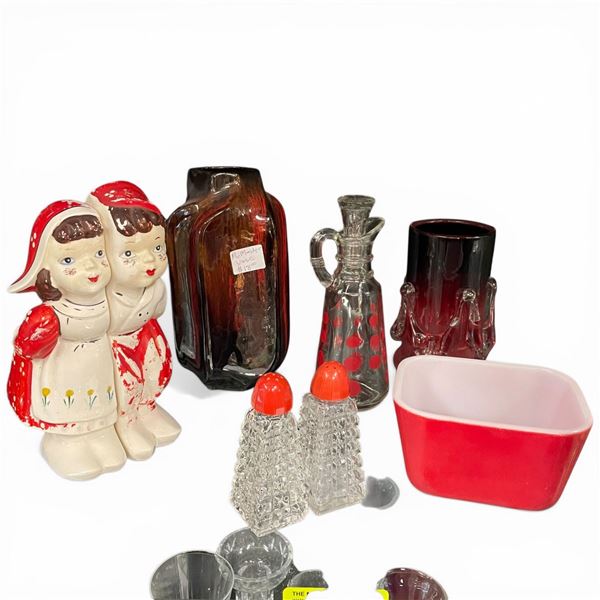 Red Theme Lot: S&P Shakers, Porcelain Wall Planters, McMaster Vase. Pyrex Dish and More