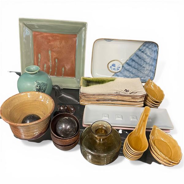 Collection of Japanese Ceramic Pottery Sushi Plates and Assorted Decorative Collectables
