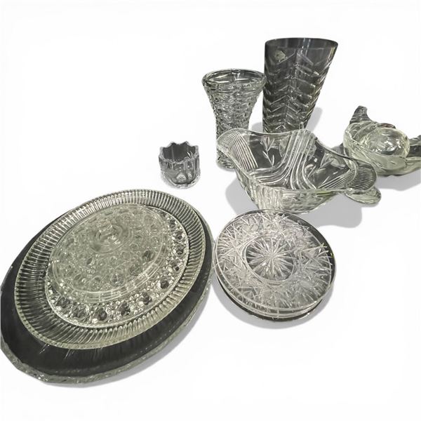 Collection of Assorted Clear Glass and Crystal Pieces: Vases, Dishes, Bowls and Platters