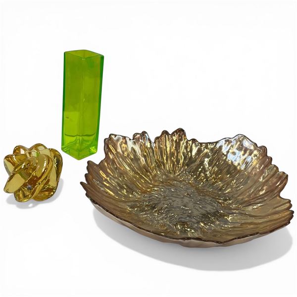 Large Decorative Glass Dish, Candlestick Holder and Green Vase