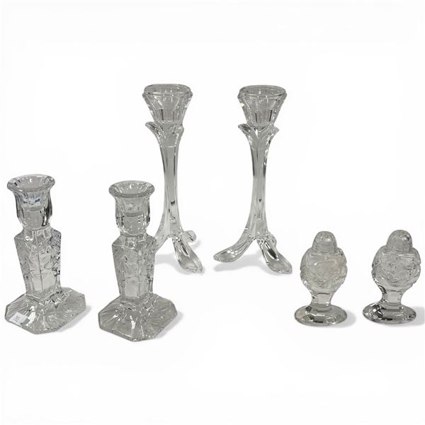 Pinwheel Crystal Candlestick Holders, S&P Shakers and Pair of Floral Candle Holders