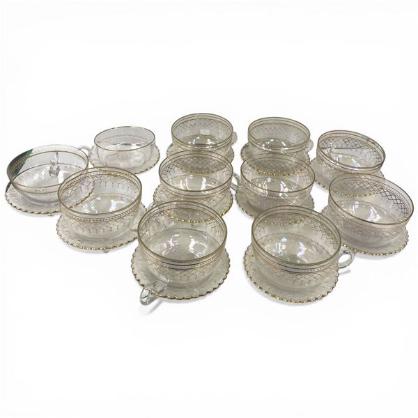 Gold Trimmed Glassware Collection: Footed Handled Dishes and Culver Antigua Pattern Glass Bowls