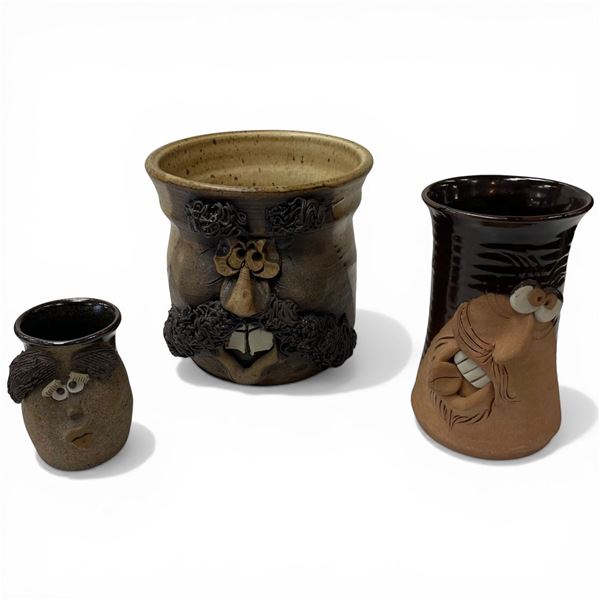 Trio of Ugly Face Pottery Pieces Tallest is 6.5"