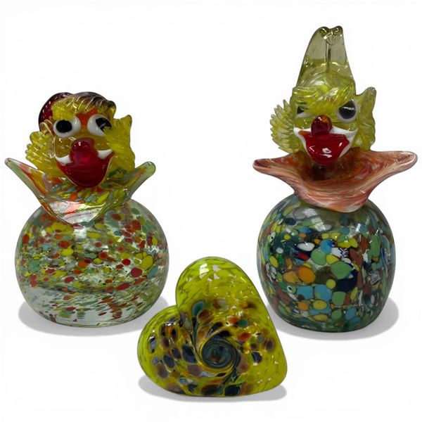 Murano Style Handblown Art Glass Clowns 6.5" Tall and Small Art Glass Heart