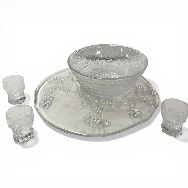Pressed Glass Platter with 4 Littala Solaris Bowl and Small Cups