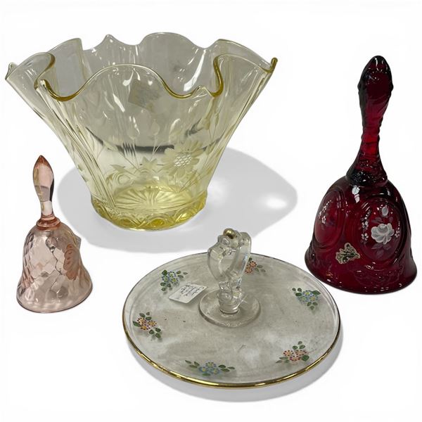 Collection of Vintage Depression Glass and Glass Bells Bowl is 6.5" Tall