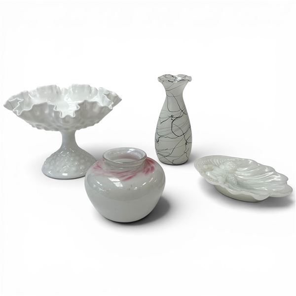 White Collection: Art Glass Bud Vase, Milk Glass, Soap Tray and Small Modern Vase (6.5" Tall)
