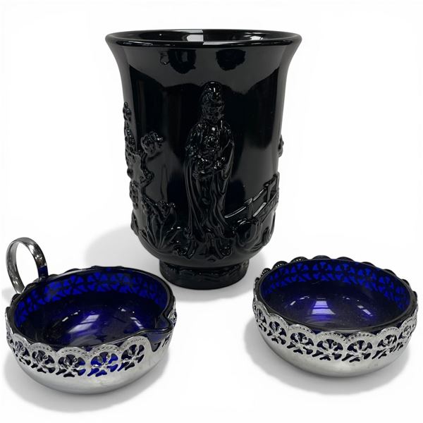 Fenton  Black Amethyst Asian Ying Yang Vase and Cream & Sugar by Celtic Plate W Cobalt Blue Glass