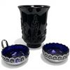 Image 1 : Fenton  Black Amethyst Asian Ying Yang Vase and Cream & Sugar by Celtic Plate W Cobalt Blue Glass