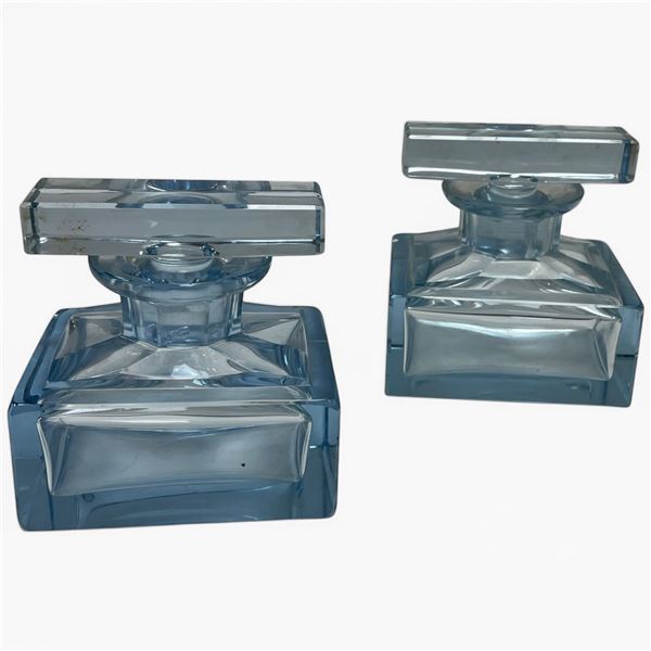 Pair of Art Deco Bohemian Lead Crystal Perfume Bottles W Stoppers in Aquamarine Blue Colour 4" Tall