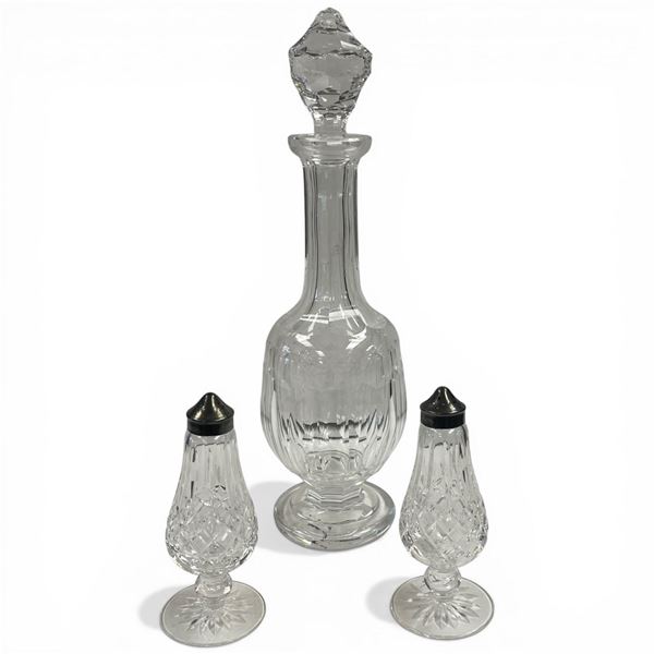 Waterford Curraghmore Pattern Crystal Decanter 15" Tall and Pair of Lismore Pattern S&P Shakers