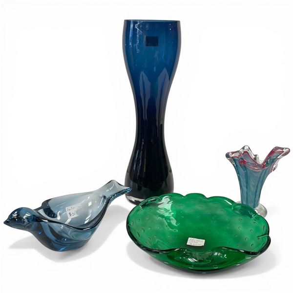 4 Art Glass Pieces: Bullicante Plate, Fenton Blue Bird, Murano Style Vase & 13" Tall Blue Glass Vase