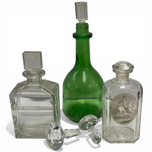 Collection of Glass Decanters and Stoppers Green Bottle is 12.5" Tall