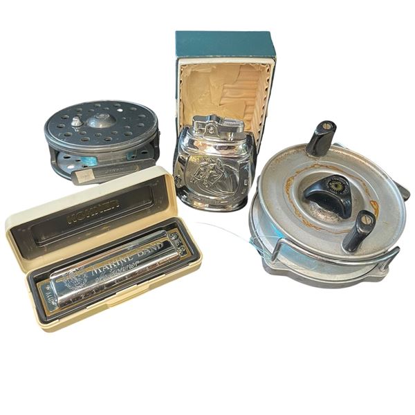 Men's Lot: Casting Reel, Fly Fishing Reel, Harmonica and Vintage Lighter