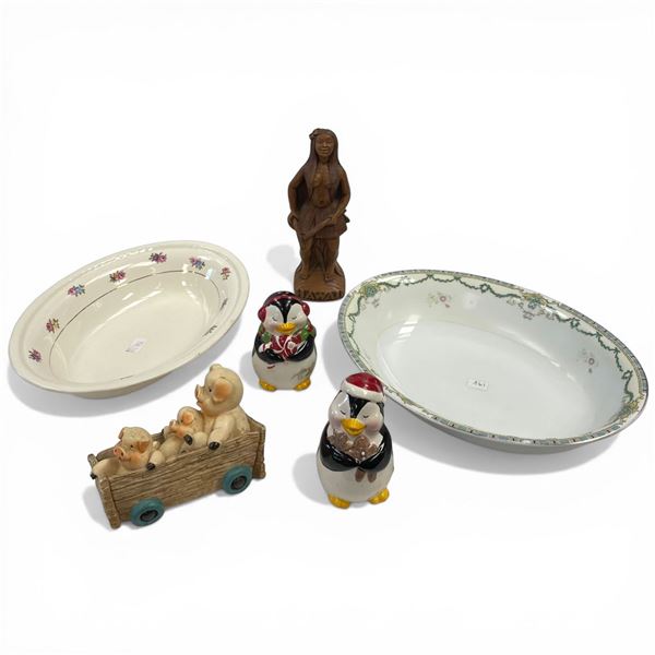 Assorted Decorative Collectables: Hawaiian Girl, S&P Penguins, Pigs in a Cart and Porcelain Bowls