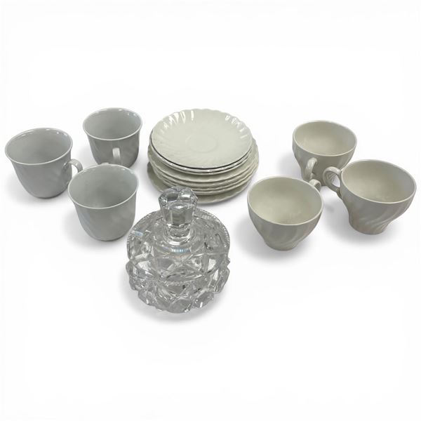 White Swirl Coffee Cup Set and Cut Glass Candy Dish