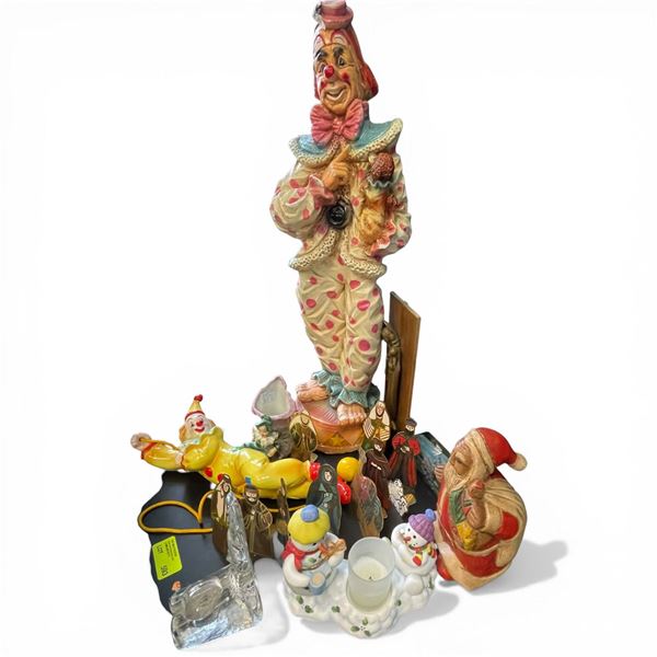 Assorted Seasonal Chirstmas Decor and Collection of Clowns Large Clown is 25" Tall