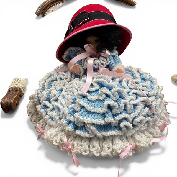 Vintage Bed Doll with Crocheted Dress * 14" Tall X 15" Diameter