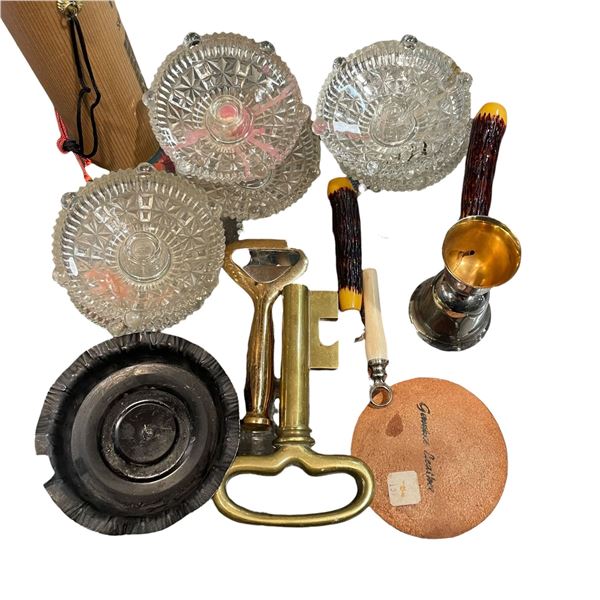 Group of Vintage Bar Ware, Glass Candle Hodlers and a Large Brass Key