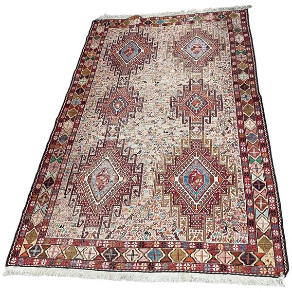 Qum Persian Silk Rug, Handmade Featuring a Geometric Medallion Pattern 77x50"