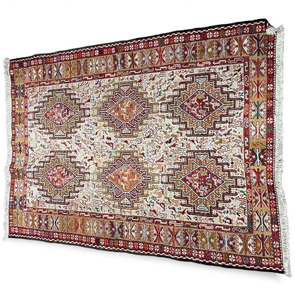 Qum Persian Silk Rug, Handmade Featuring a Geometric Medallion Pattern 55x39.5"