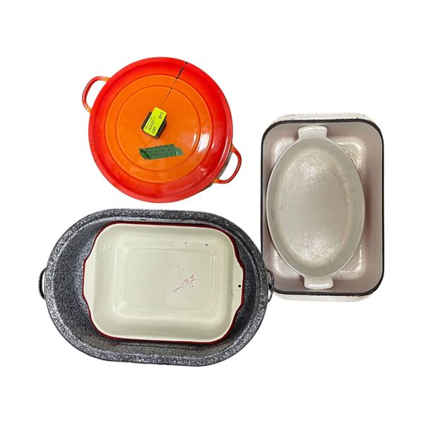 Collection of Kitchen Pans Including a Le Creuset Orange Pot