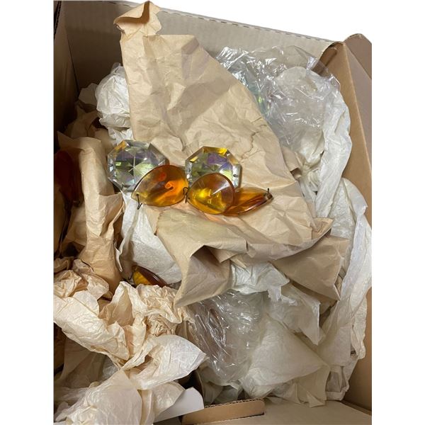 Box Filled with Glass Suncatcher Prisms: Clear, Iridescent and Amber Chandelier Crystals