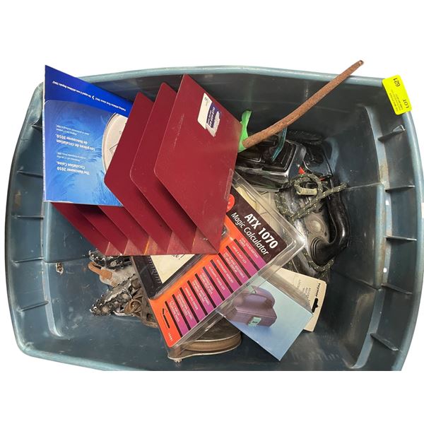 Box Lot of Tools, Pulleys, Paint Sprayer, Clock, Decorative Items and Tools