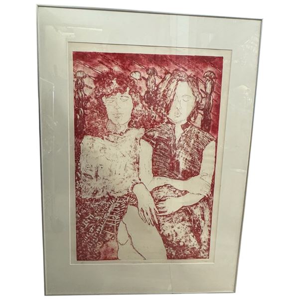 Framed Monotype Red Print "Fats and Rich, Teenagers" AP Artist Signed Jody Carpenter 84 35x48.5"