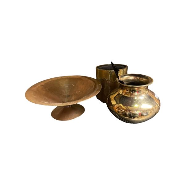 Copper Bowl & 2 Brass Vases