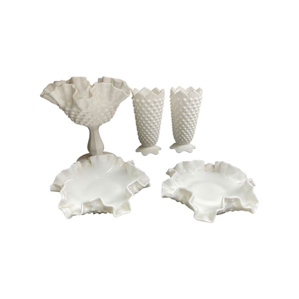 5 Pieces of Hobnail Art Glass * The Ruffle Edge Pedestal Compote is 6" tall x 6" diameter