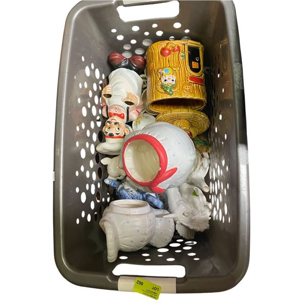 Basket of Cookie Jars, Teapot and China