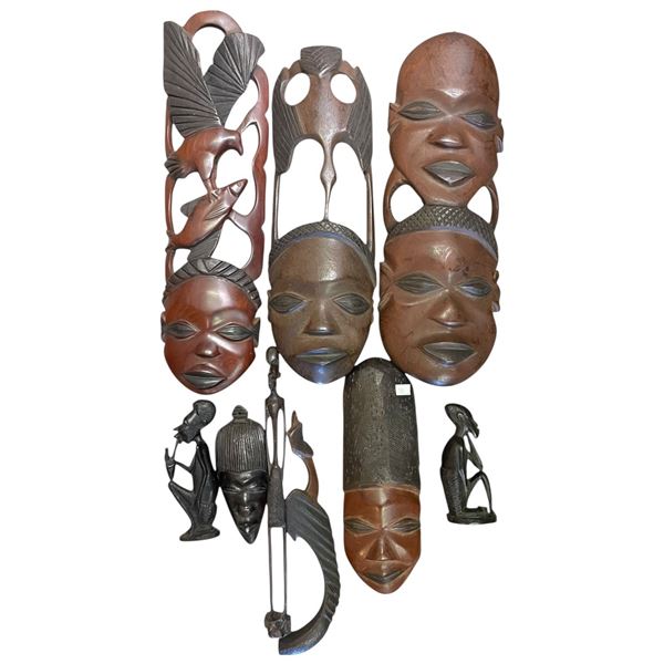 Carved African Masks & Ornaments (Largest is a wall mask: 6" x 15" tall)