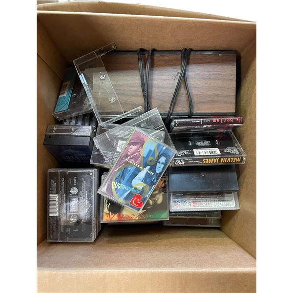 Box of Assorted Cassette Tapes & Radio